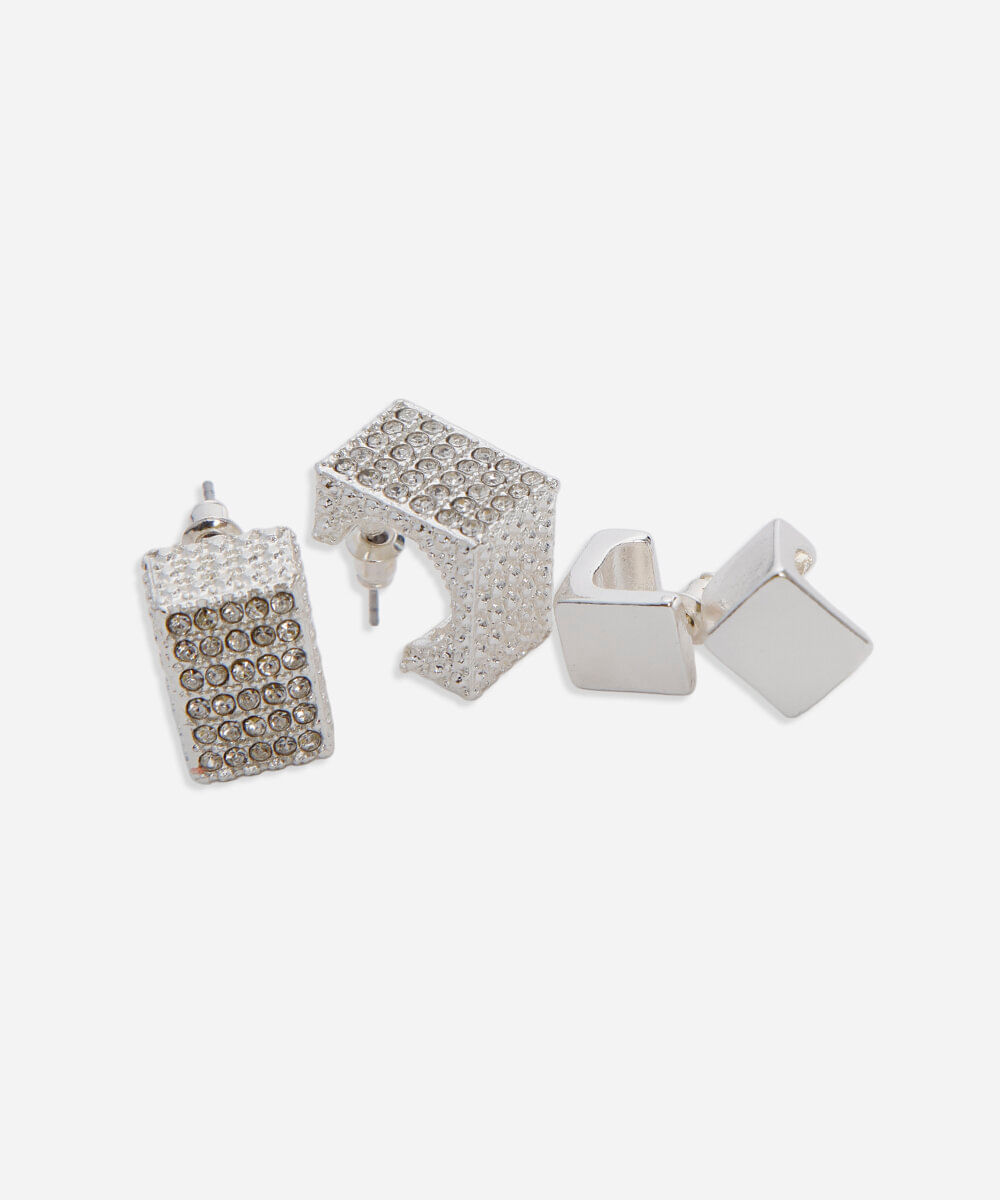 kit de 2 brincos argola com brilhos prateado