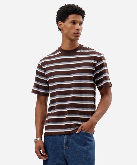 camiseta masculina de algodão manga curta listrada marrom
