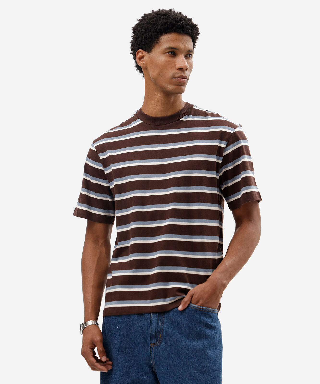 camiseta masculina de algodão manga curta listrada marrom