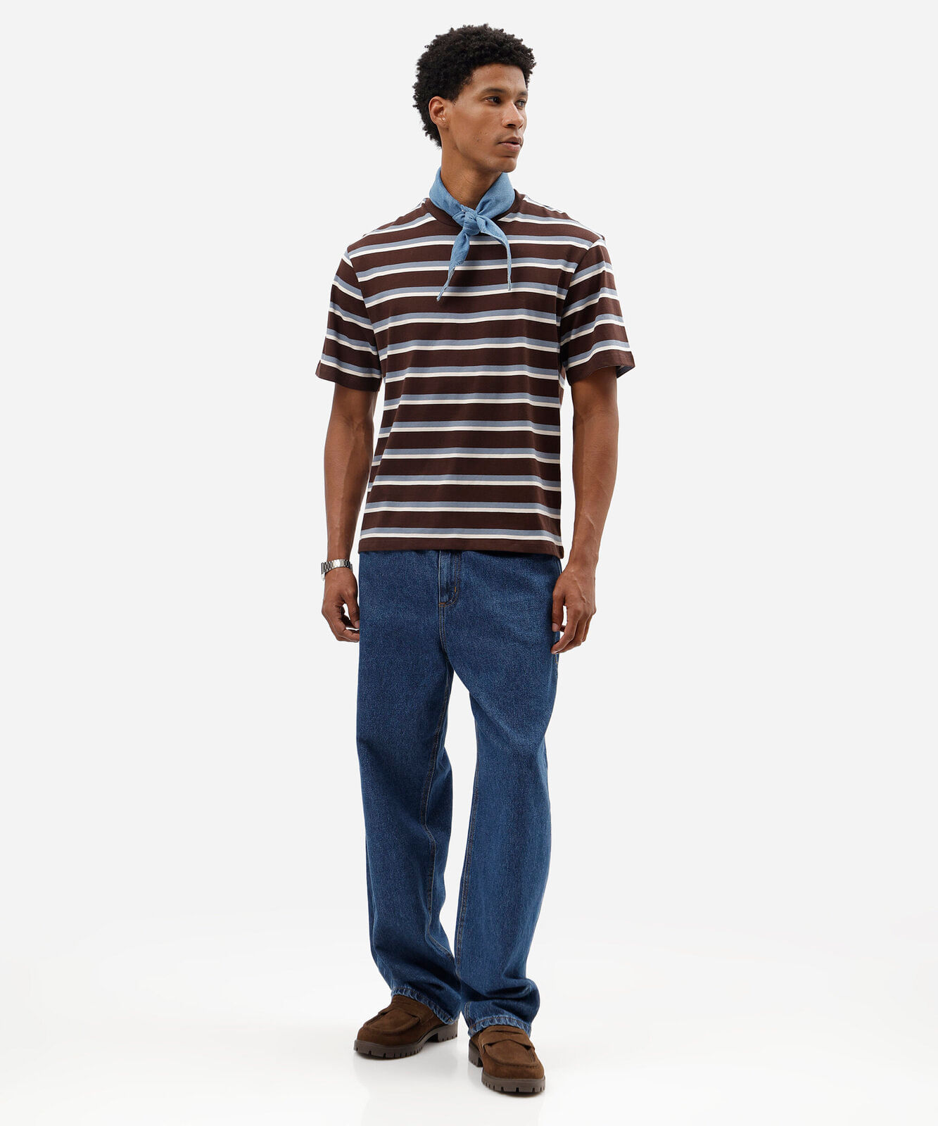 camiseta masculina de algodão manga curta listrada marrom