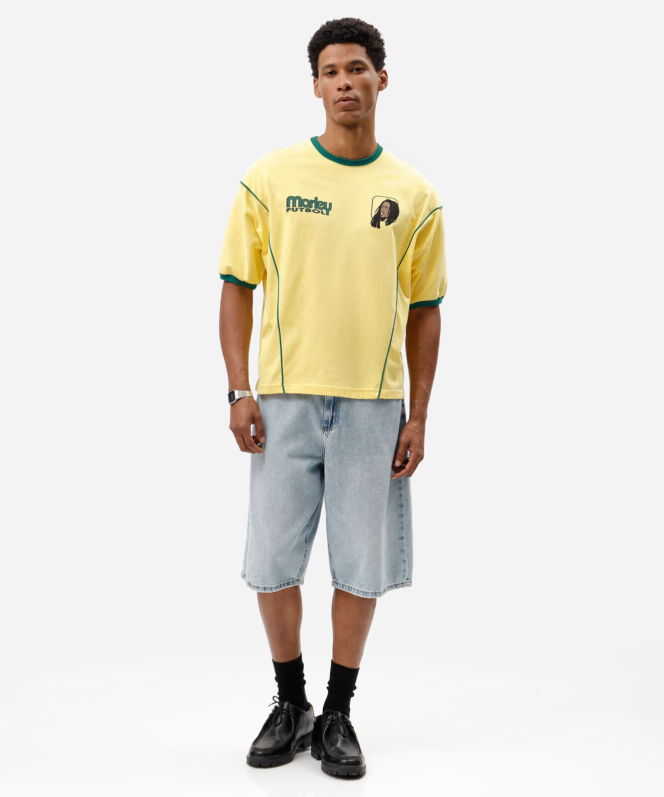 camiseta box fit masculina de algodão manga curta bob marley amarela