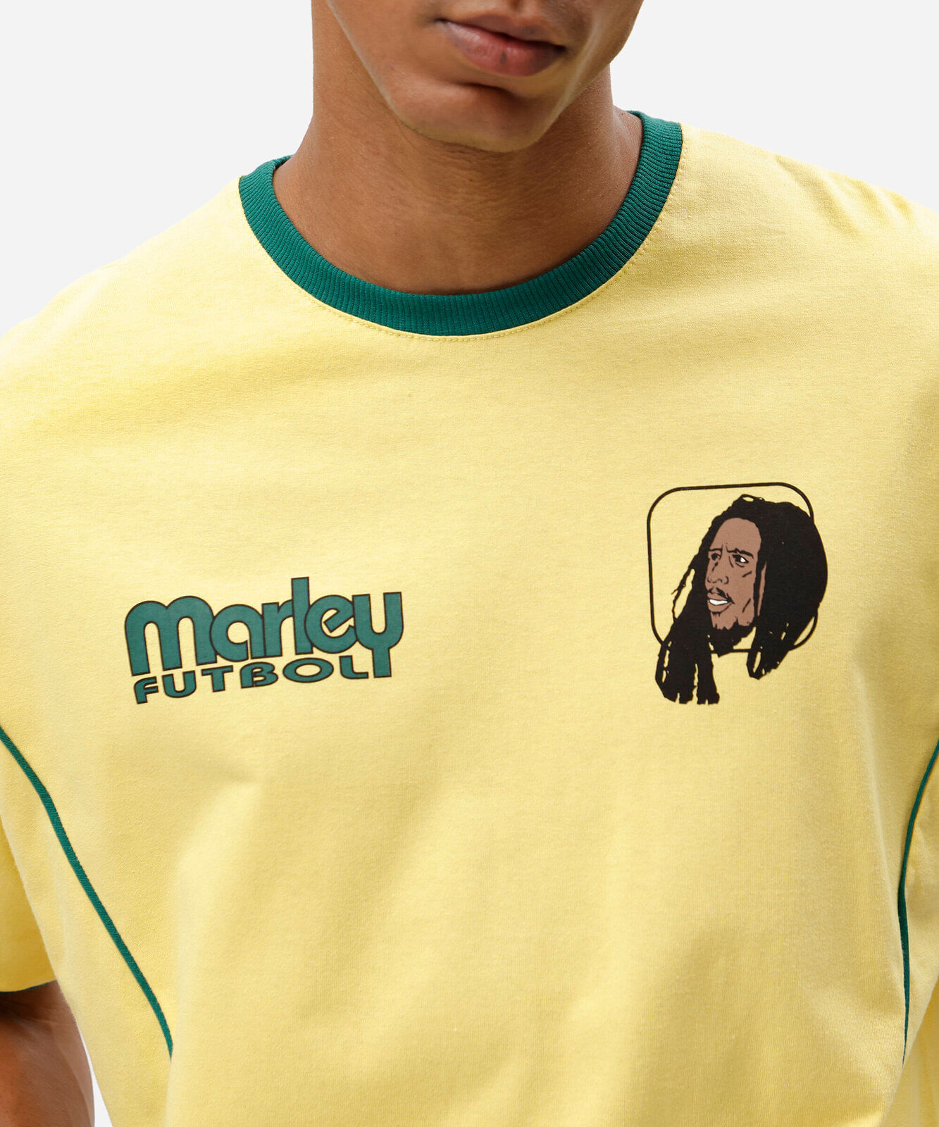 camiseta box fit masculina de algodão manga curta bob marley amarela