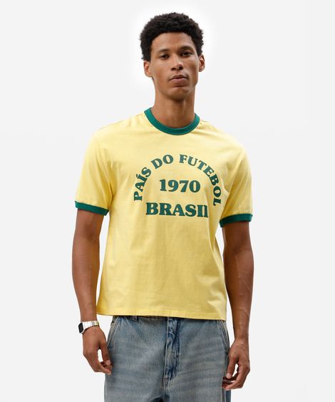 camiseta masculina de algodão manga curta brasil amarela