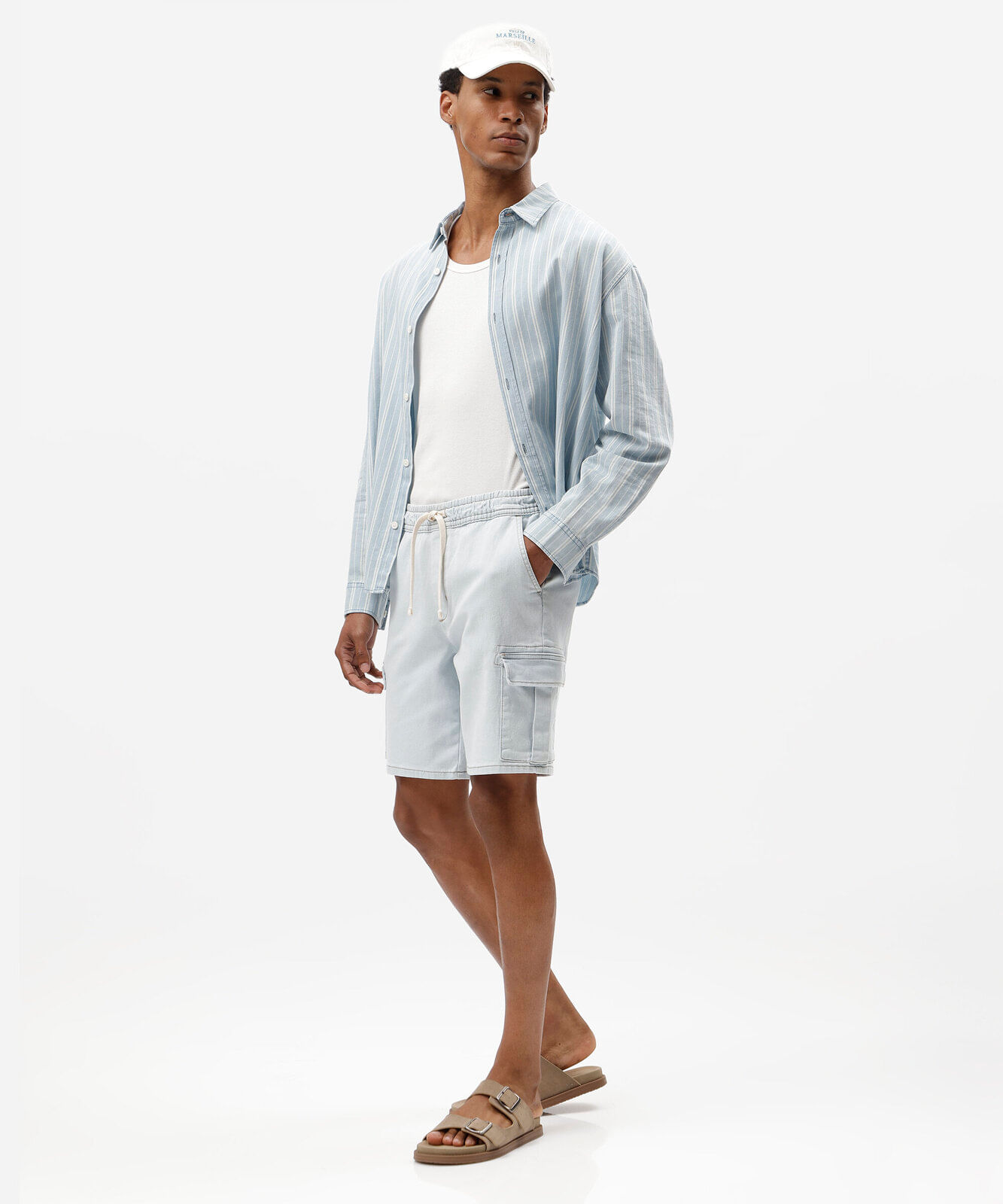 bermuda cargo masculina jeans cós elástico azul
