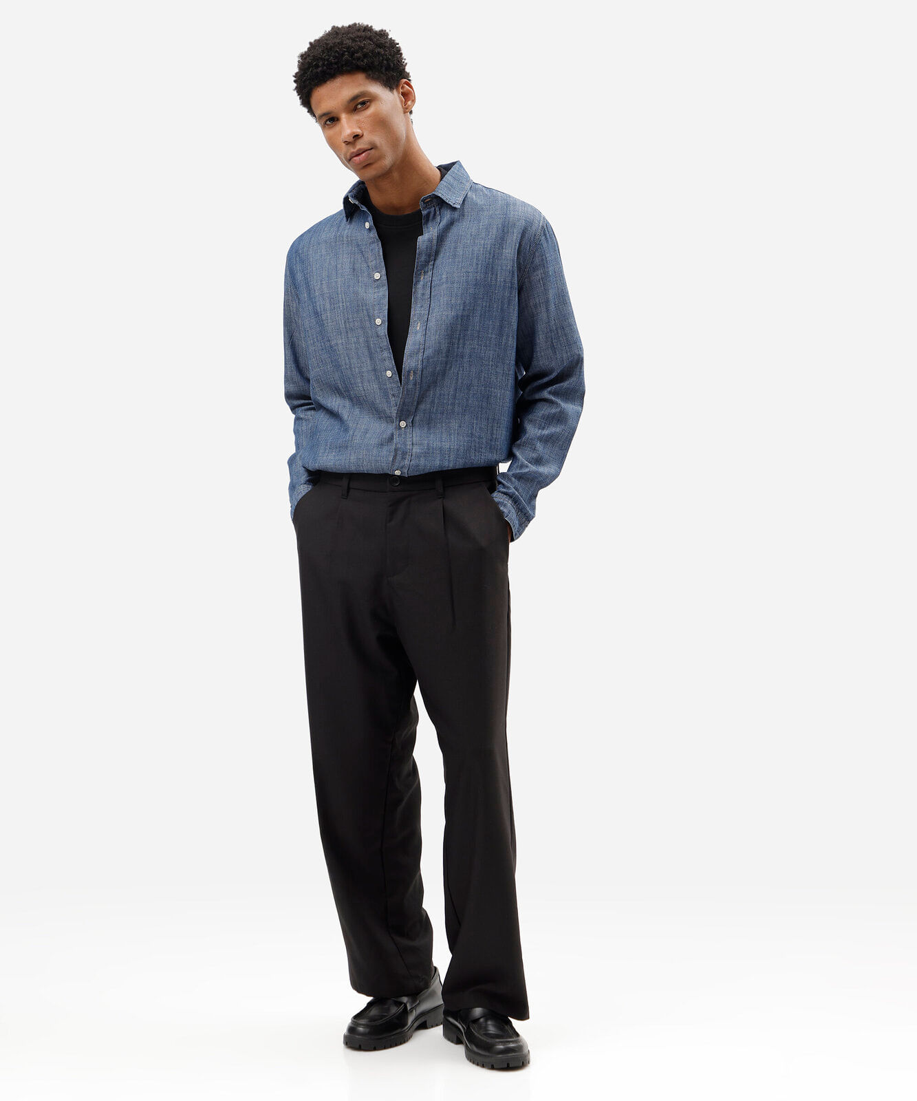 camisa masculina jeans manga longa azul