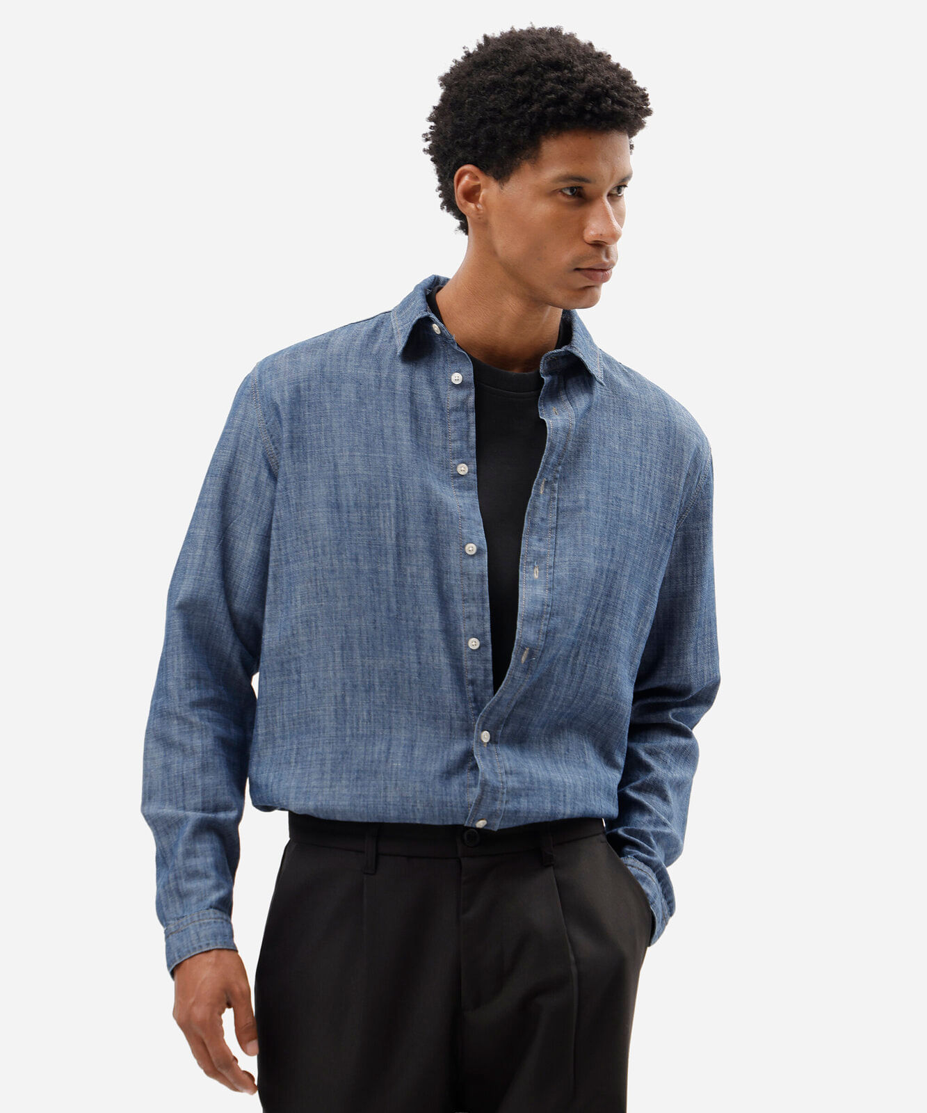 camisa masculina jeans manga longa azul