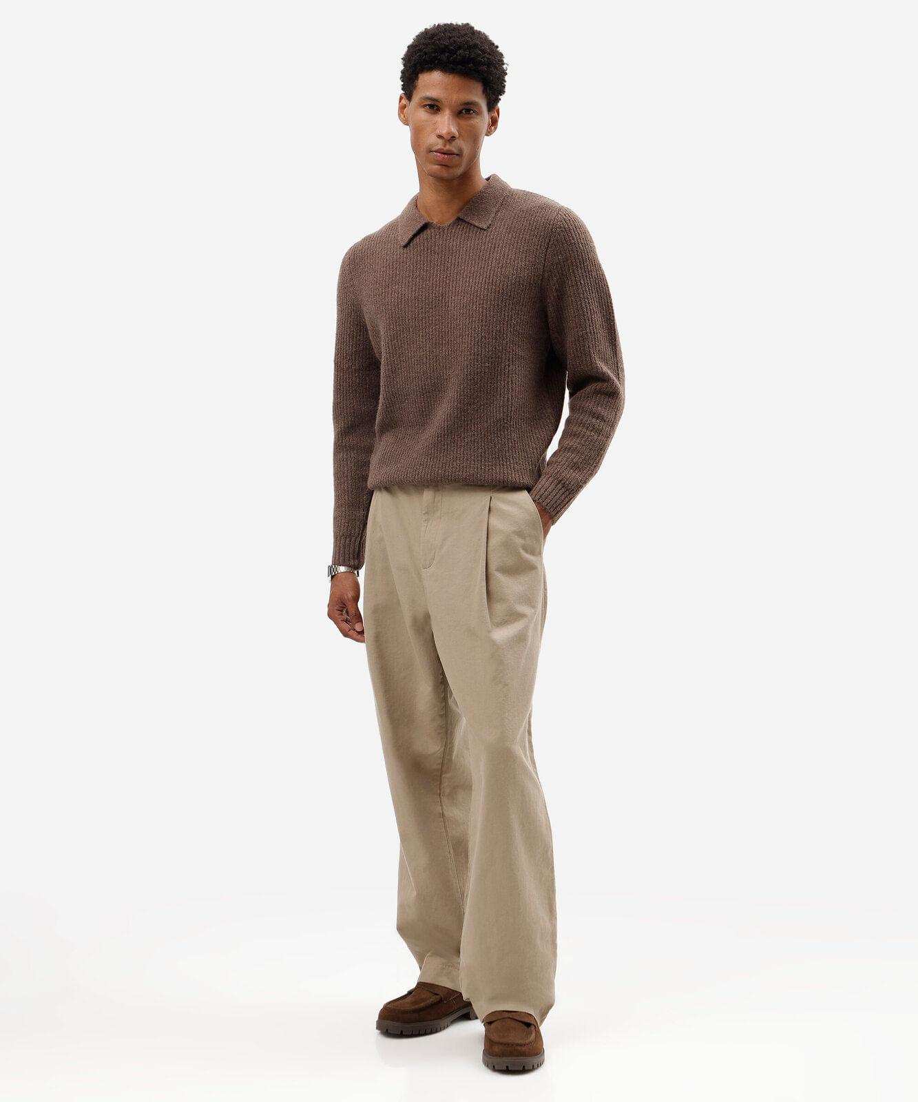 polo masculina de tricot canelada marrom