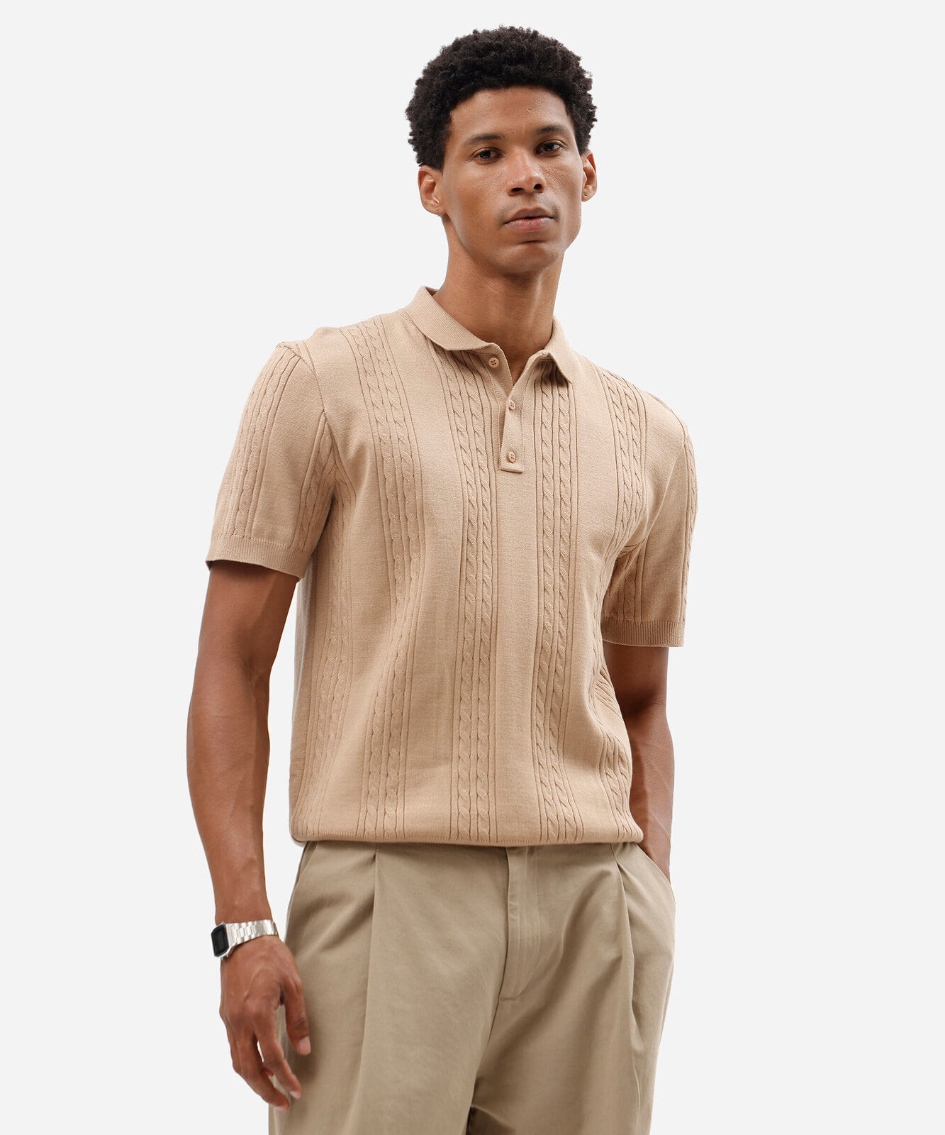 polo box fit masculina texturizada bege