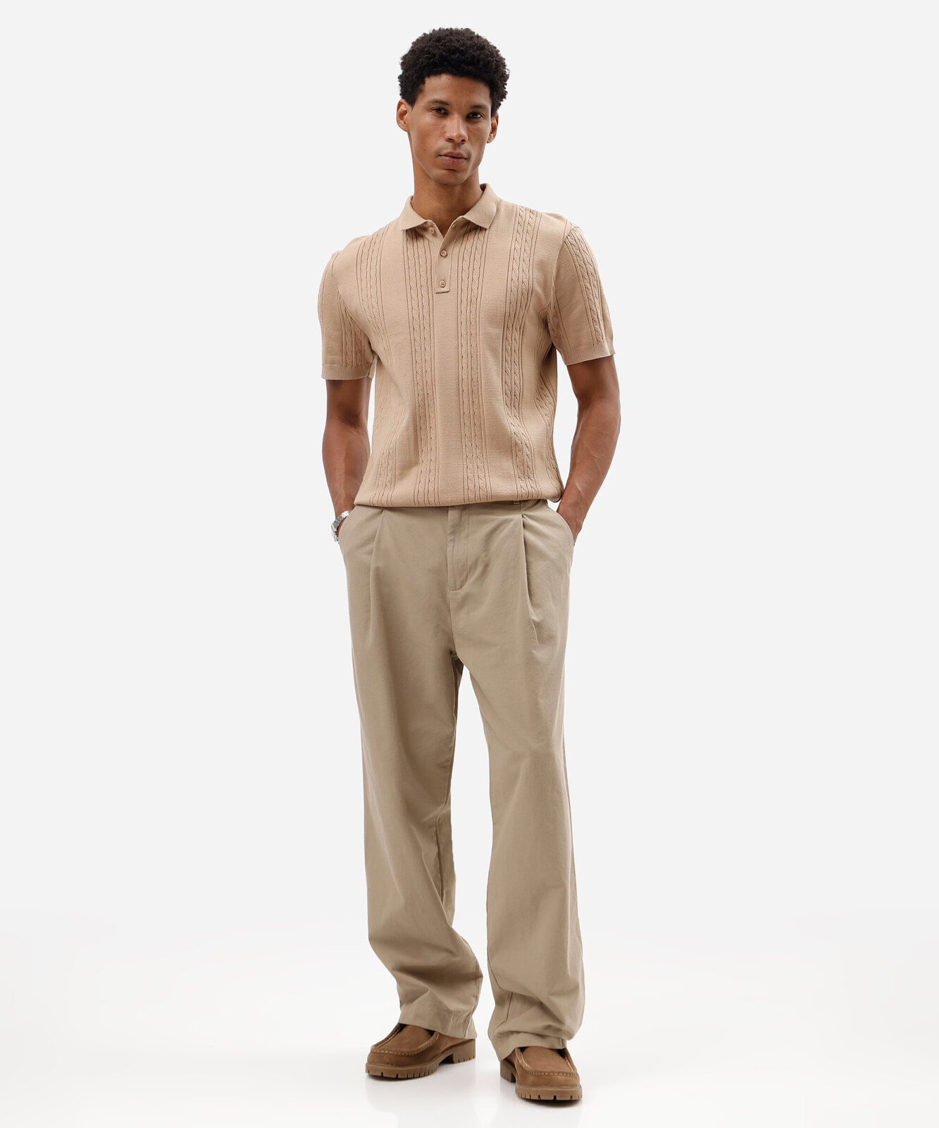 polo box fit masculina texturizada bege