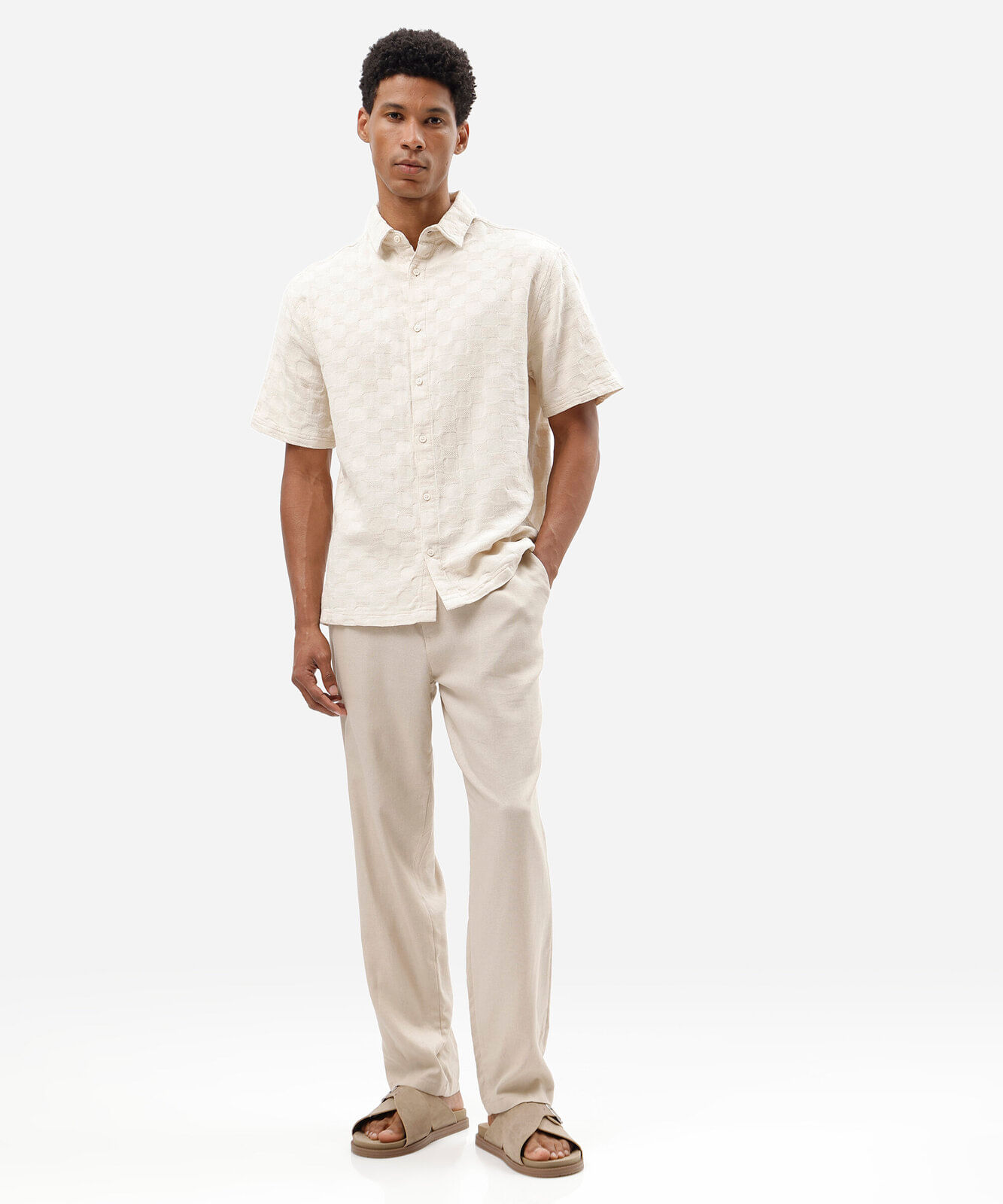 camisa masculina de algodão manga curta texturizada bege