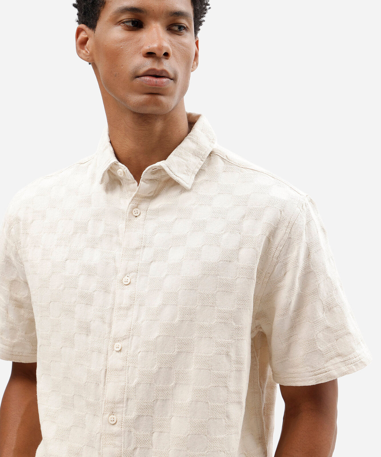 camisa masculina de algodão manga curta texturizada bege