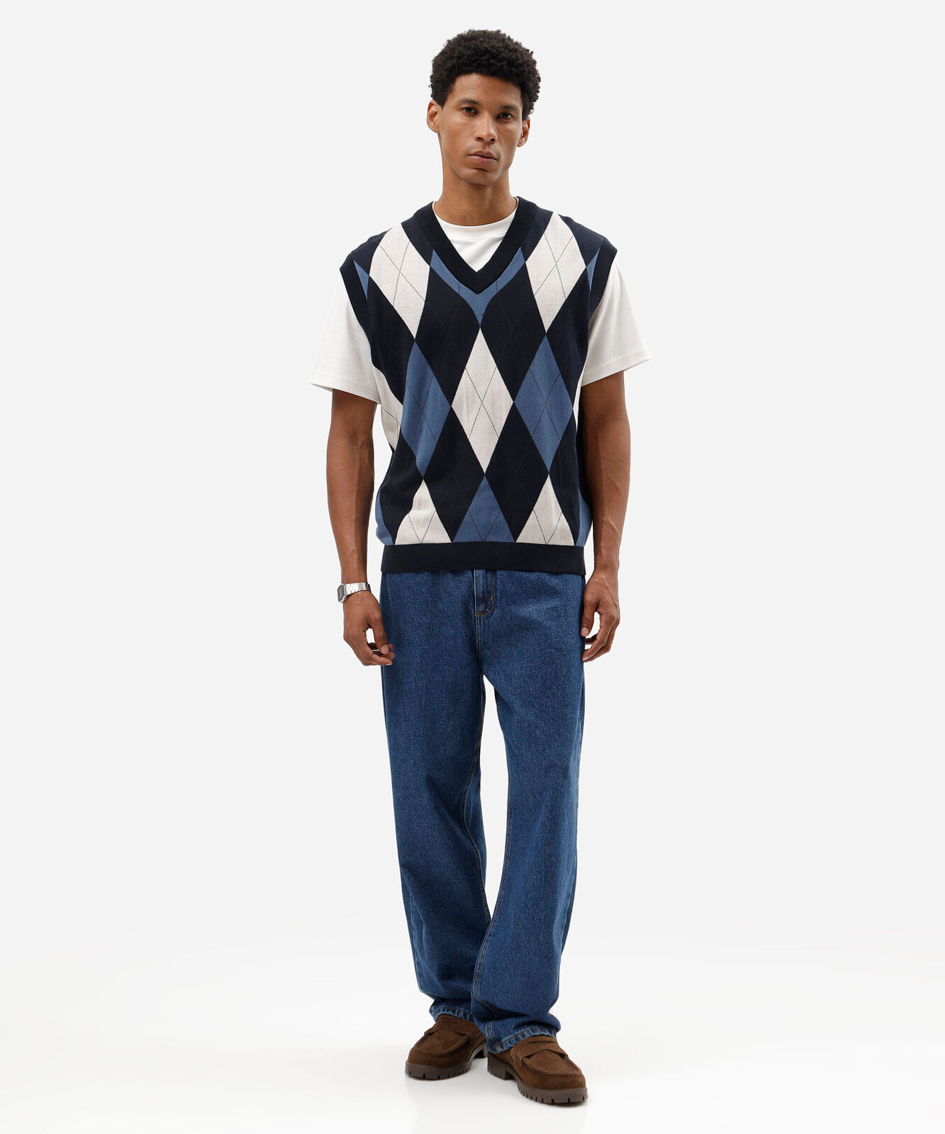 colete masculino de tricot xadrez argyle azul