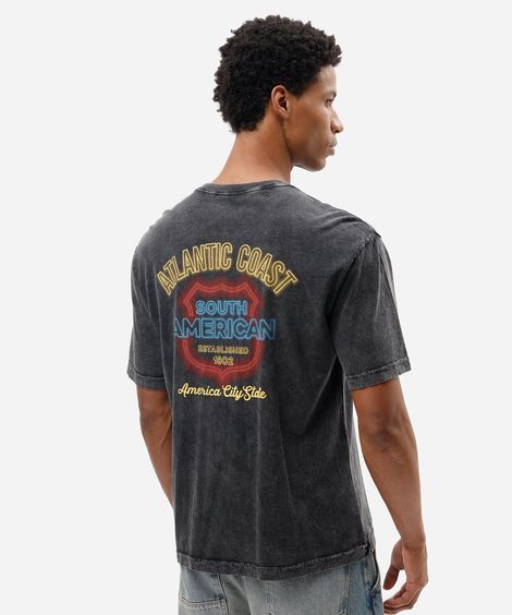 camiseta masculina de algodão manga curta estampada estonada cinza