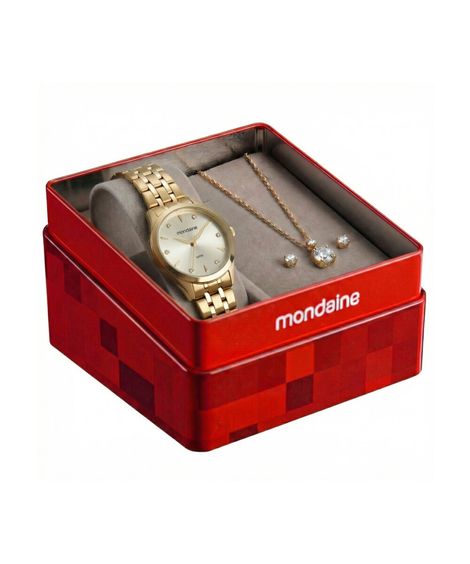 kit relógio feminino mondaine analógico 99914lpmkde1k1 dourado