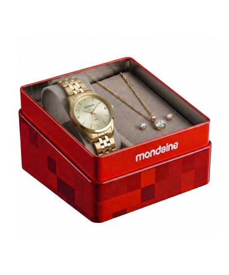 kit relógio feminino mondaine analógico 99912lpmkde1k1 dourado
