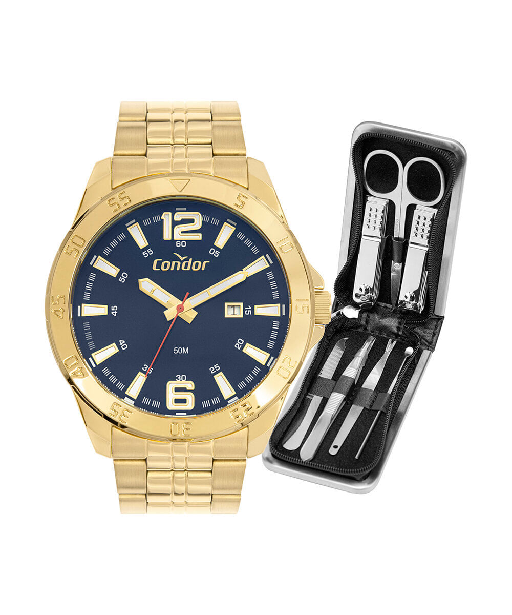 kit relógio masculino condor analógico co2115ncg k4a dourado