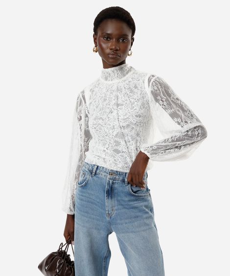 bata feminina de renda com gola laço floral off white