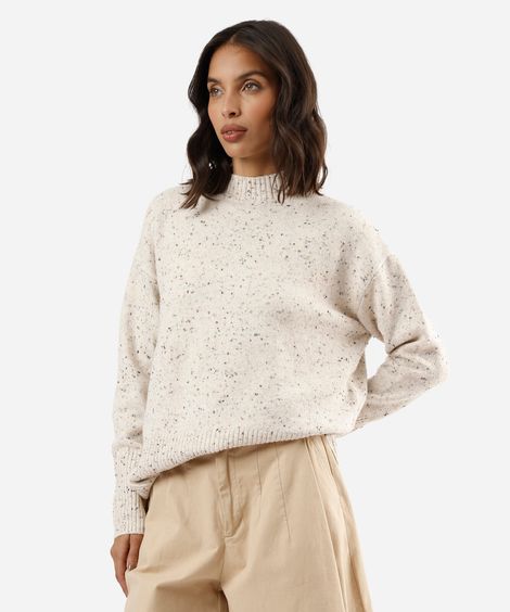 suéter feminino de tricot gola alta com fendas bege
