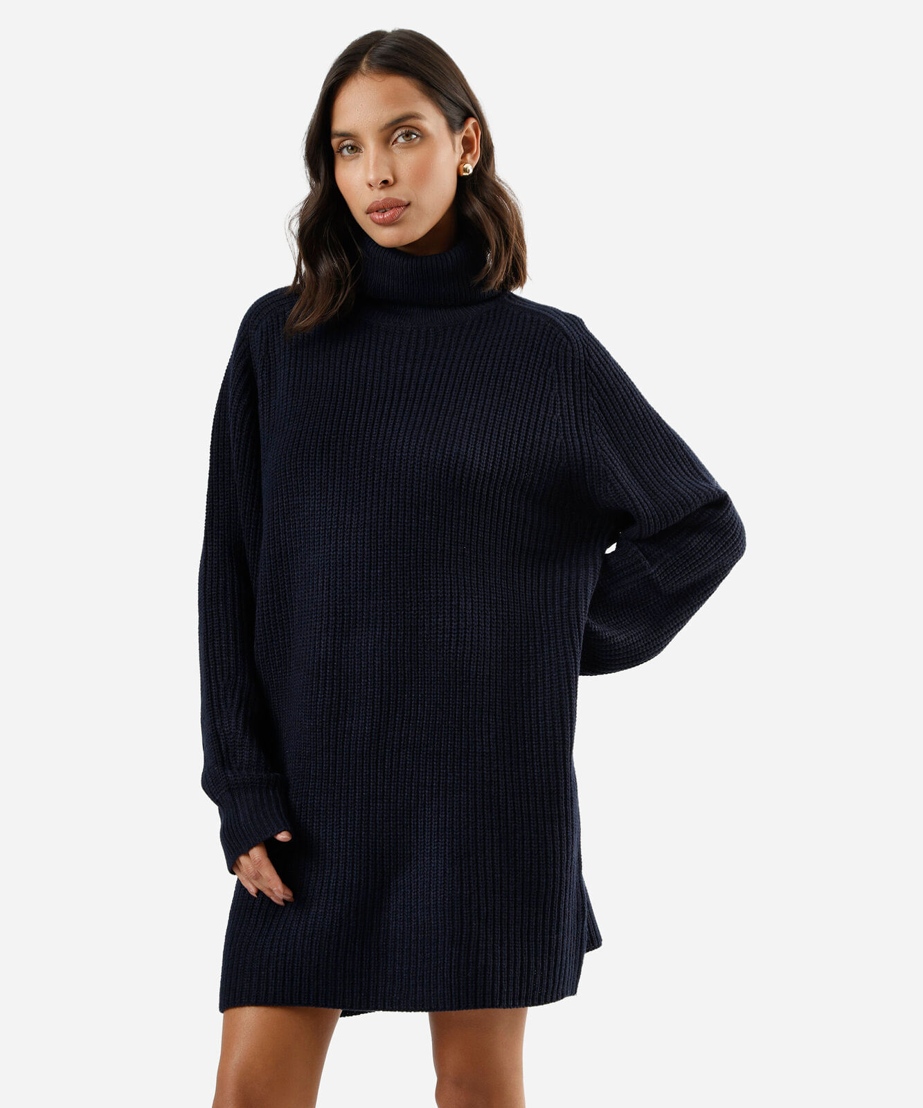 vestido curto feminino de tricot gola alta manga longa azul