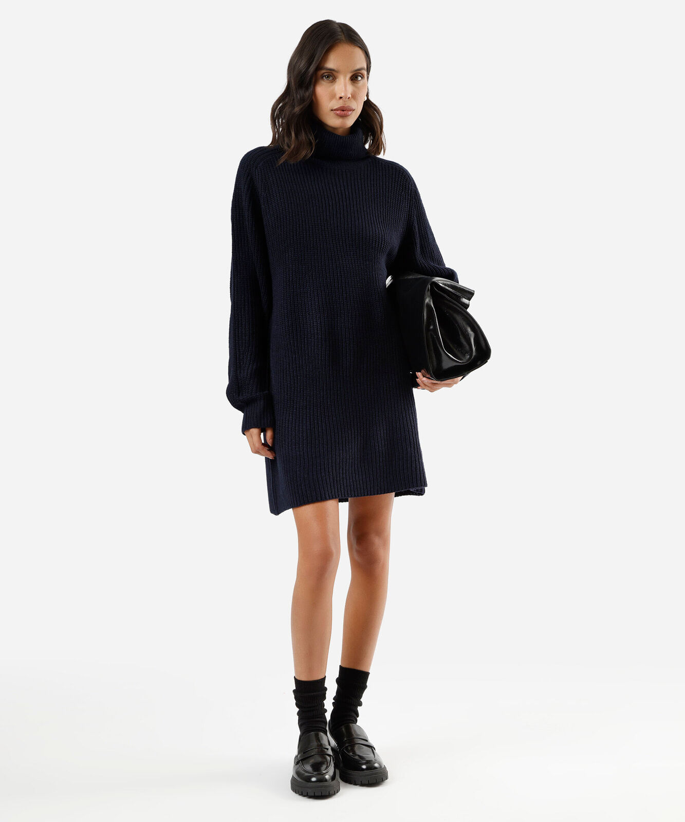 vestido curto feminino de tricot gola alta manga longa azul