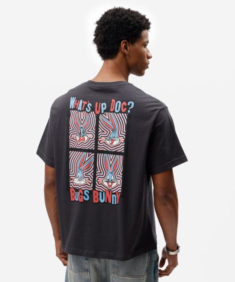 camiseta box fit masculina de algodão manga curta pernalonga looney tunes cinza