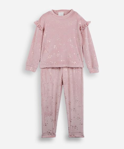 pijama longo infantil de plush com babado estampado rosa