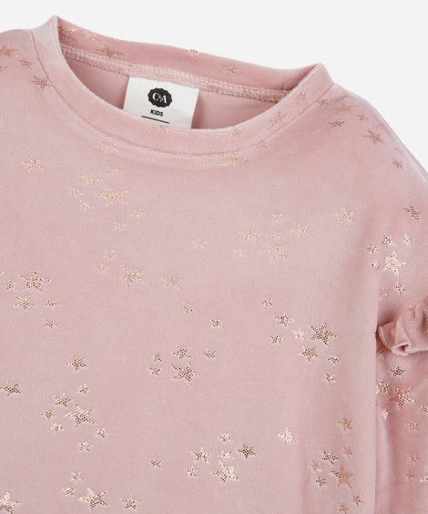 pijama longo infantil de plush com babado estampado rosa