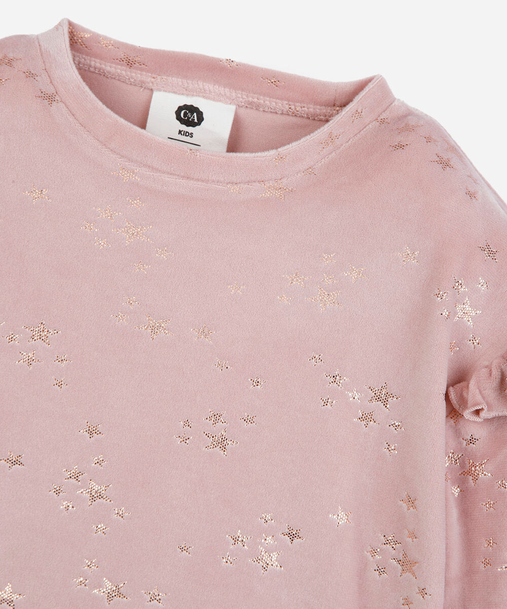 pijama longo infantil de plush com babado estampado rosa