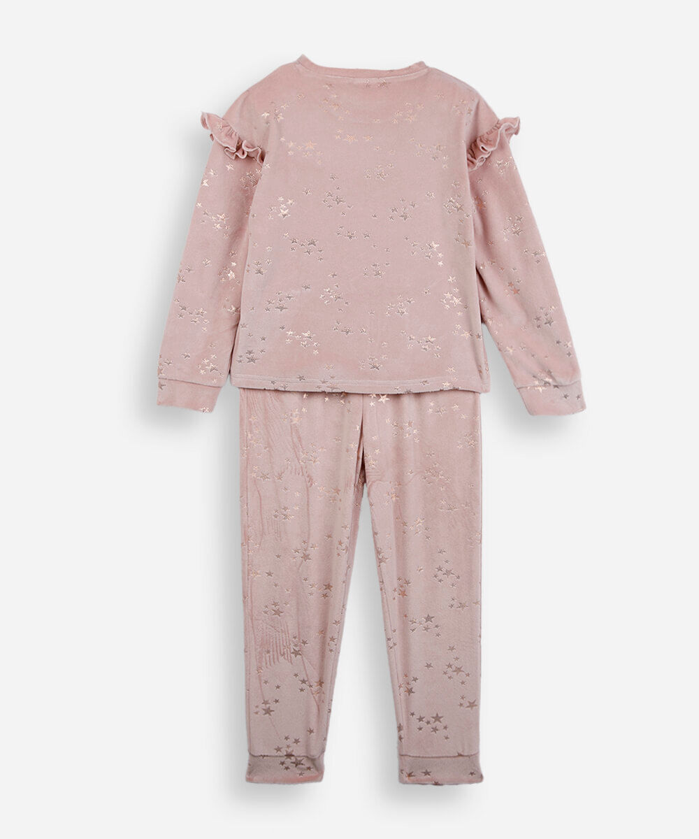 pijama longo infantil de plush com babado estampado rosa