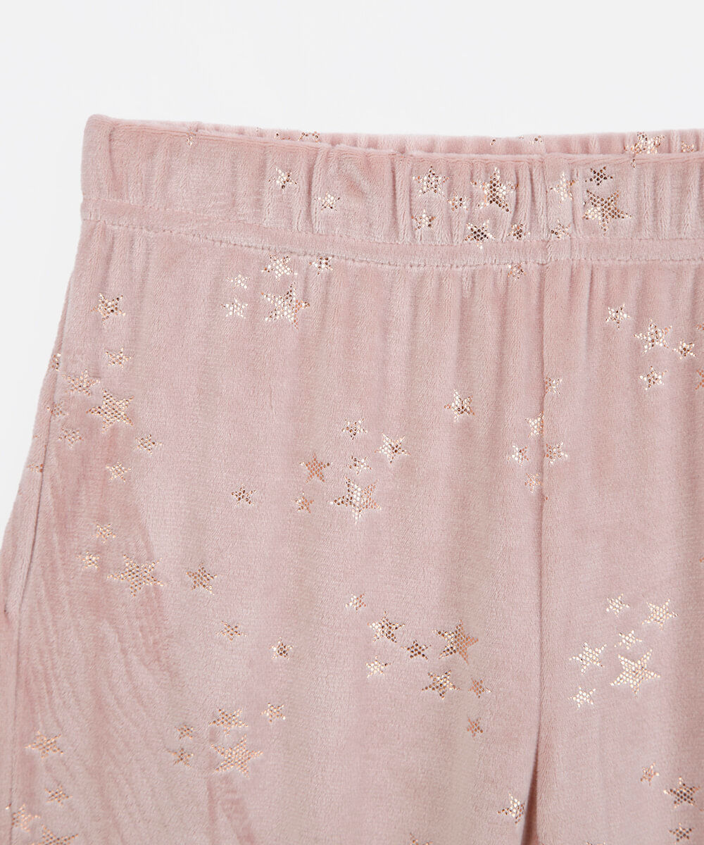 pijama longo infantil de plush com babado estampado rosa