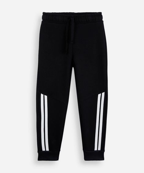 calça jogger infantil de moletom com recortes e listras preta