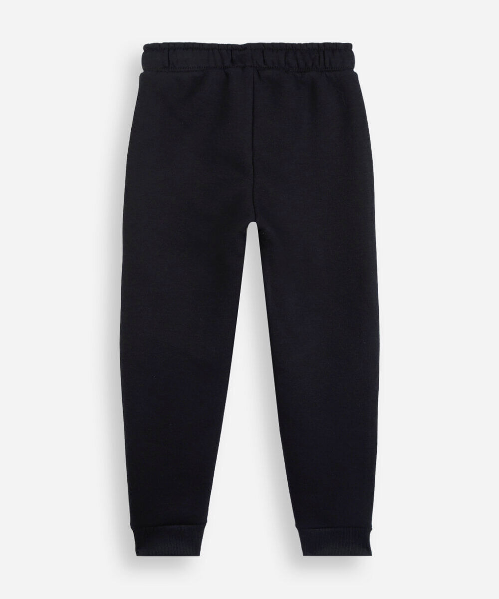 calça jogger infantil de moletom com recortes e listras preta