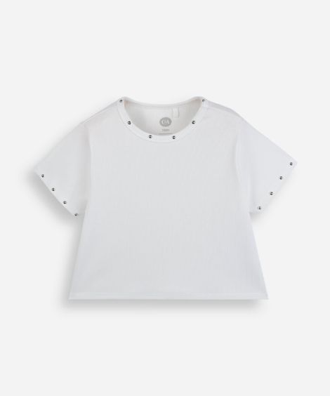 blusa baby look juvenil manga curta com tachas off white