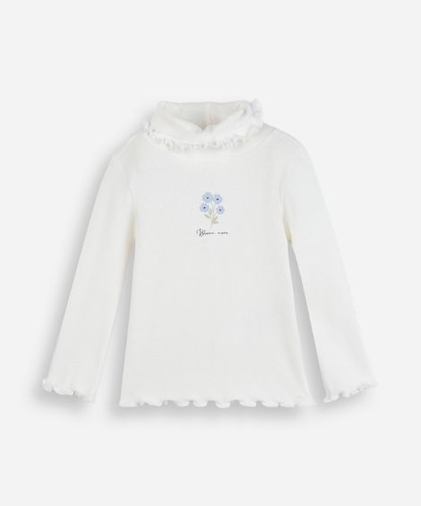 blusa infantil de algodão gola alta manga longa estampada off white
