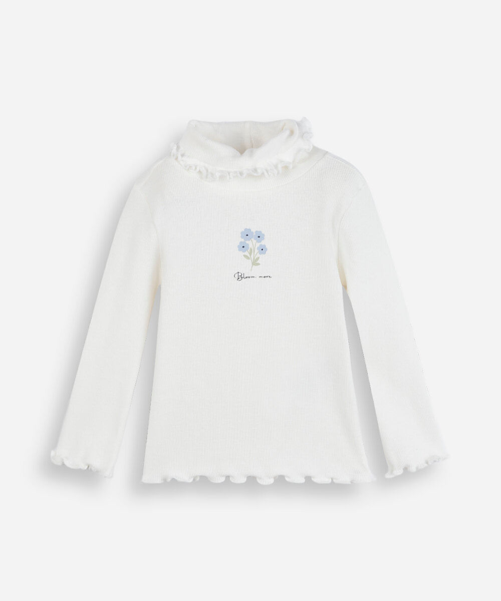 blusa infantil de algodão gola alta manga longa estampada off white