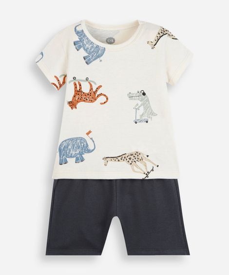 conjunto curto infantil de algodão estampado bege