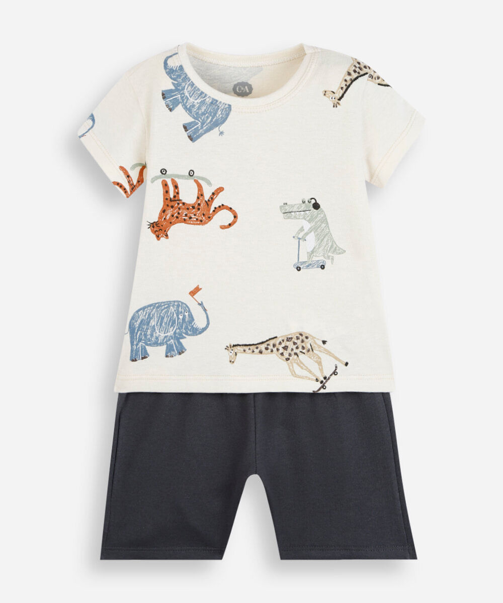 conjunto curto infantil de algodão estampado bege