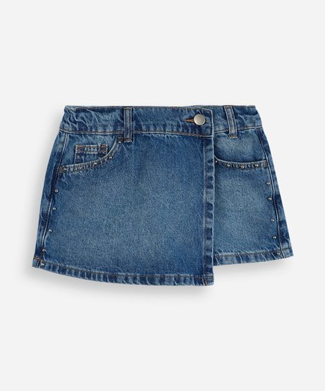 short saia transpassado infantil jeans com tachas azul