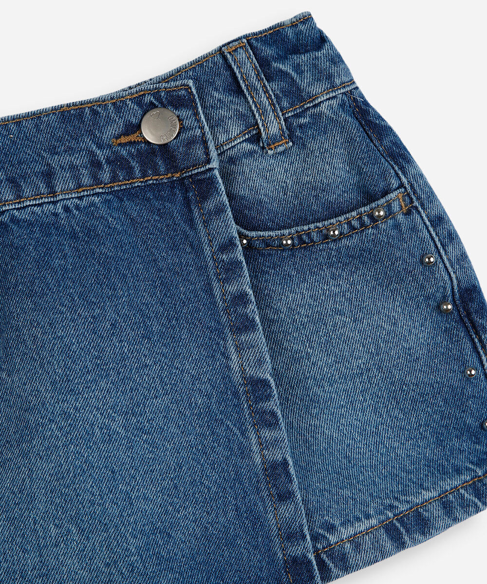 short saia transpassado infantil jeans com tachas azul