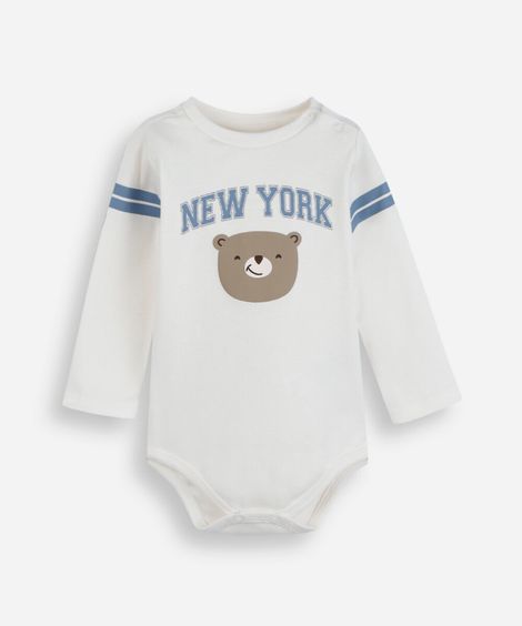 body infantil de algodão manga longa ursinho off white
