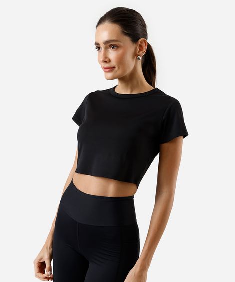 blusa cropped feminino esportivo manga curta preta