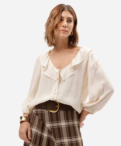 bata feminina decote v manga longa com babado bege