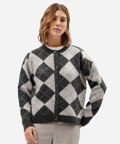 cardigan feminino de tricot xadrez argyle cinza