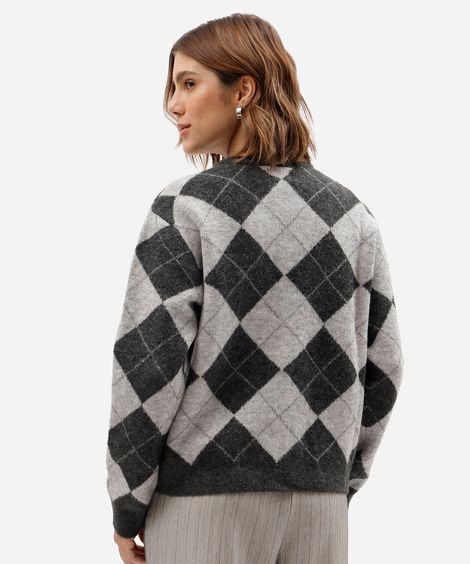 cardigan feminino de tricot xadrez argyle cinza