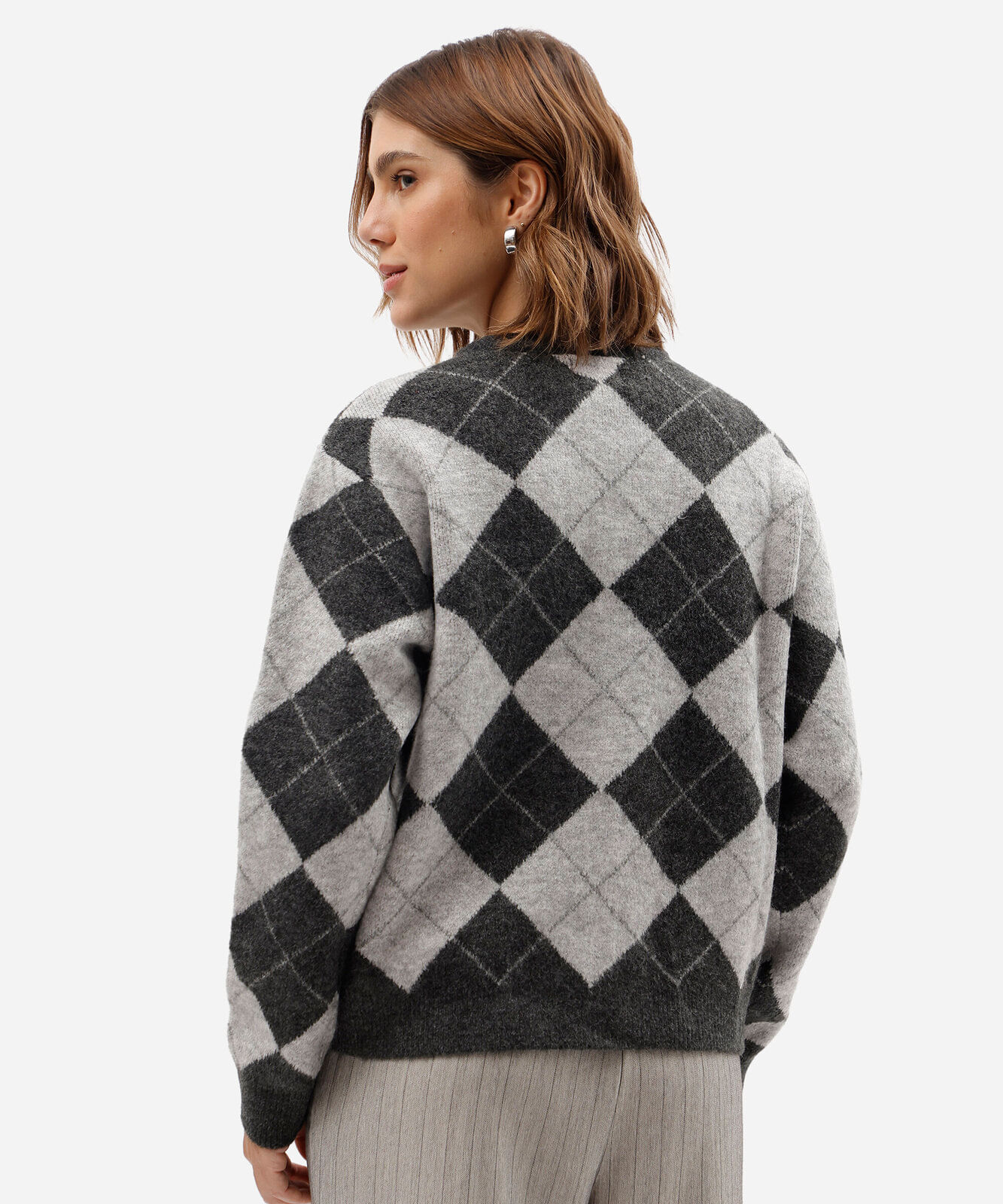 cardigan feminino de tricot xadrez argyle cinza