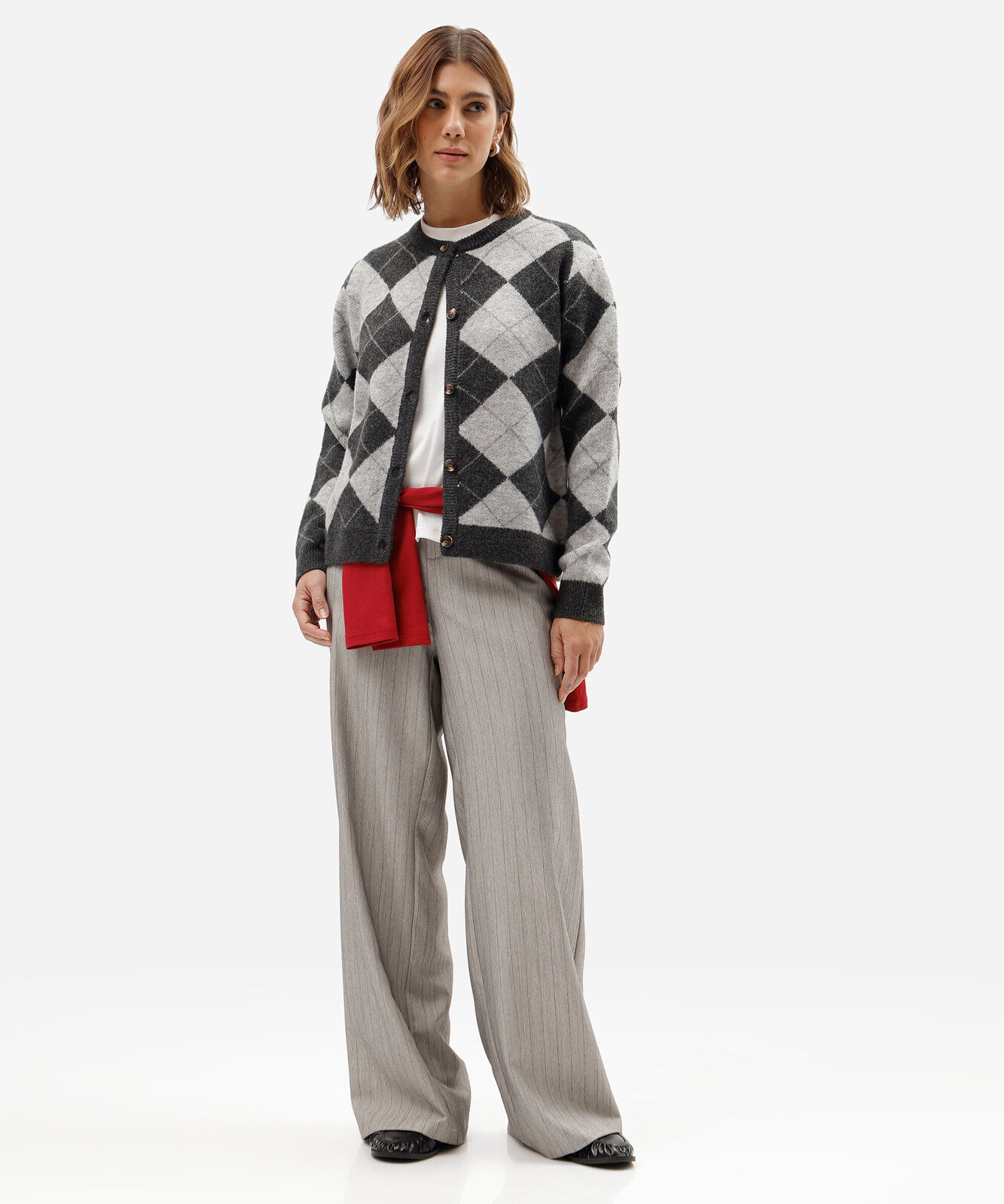 cardigan feminino de tricot xadrez argyle cinza