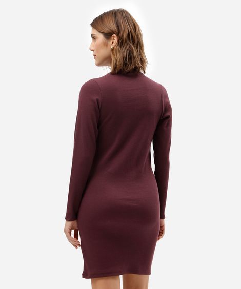 vestido curto feminino de algodão manga longa canelado vinho