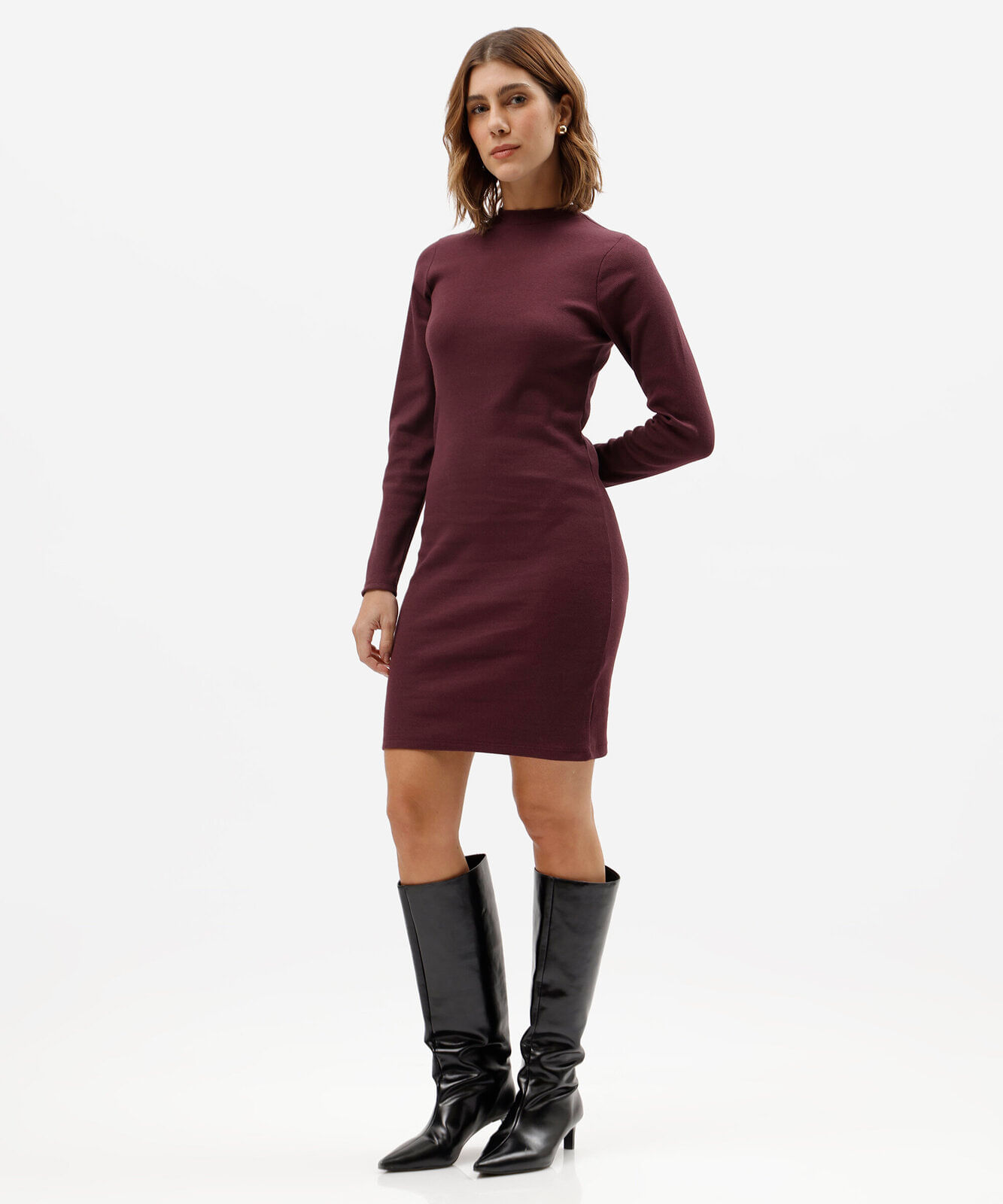 vestido curto feminino de algodão manga longa canelado vinho