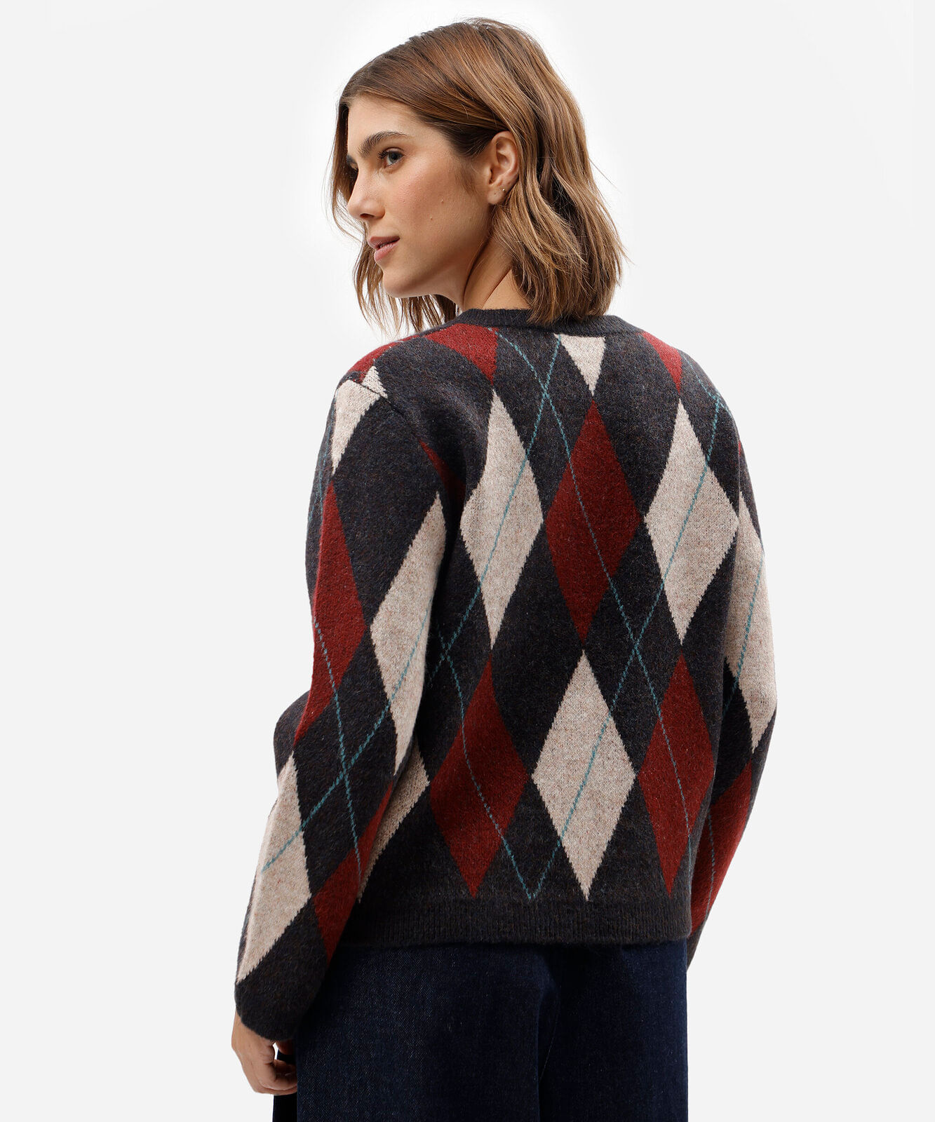 cardigan feminino de tricot xadrez argyle azul
