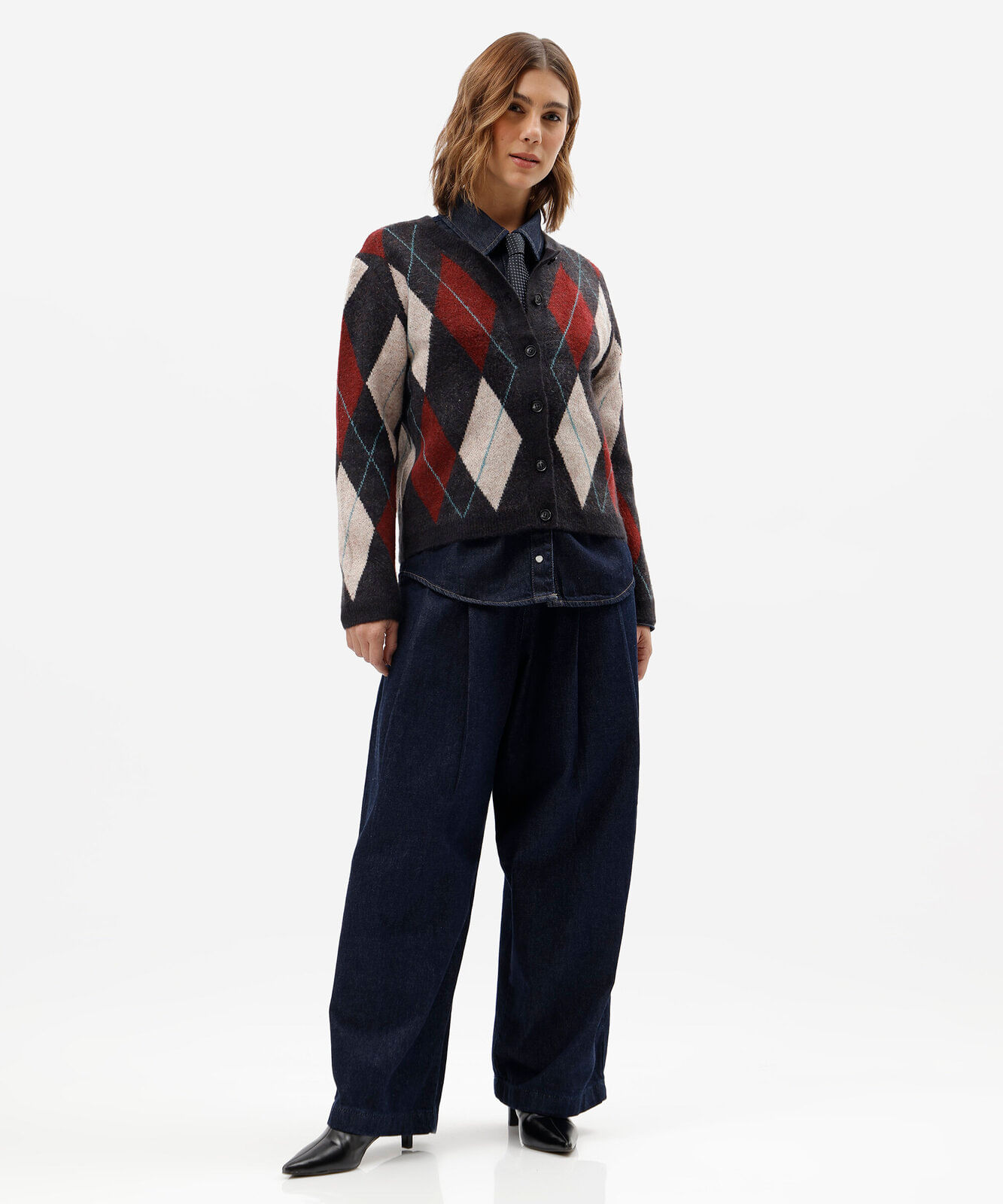 cardigan feminino de tricot xadrez argyle azul